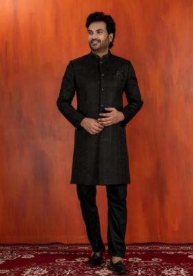 Black Embroidery Jacquard Sherwani Set For Men