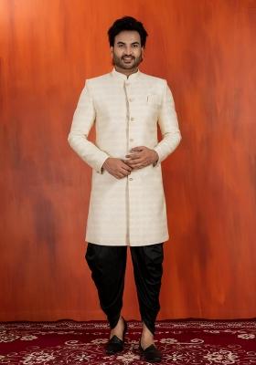 White Embroidery Jacquard Sherwani Set For Men