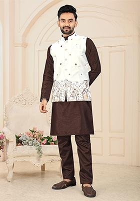 Brown Solid Heavy Silk Nehru Jacket Set For Men
