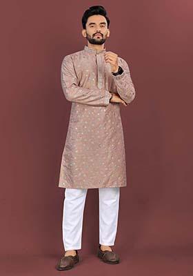 Brown Embroidered Silk Kurta Set For Men