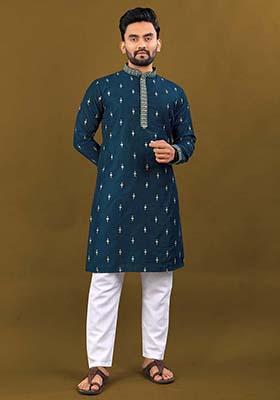 Blue Embroidered Silk Kurta Set For Men