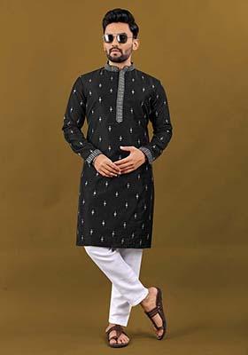 Black Embroidered Silk Kurta Set For Men