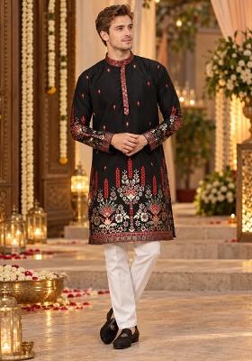 Black Woven Cotton Kurta For Men