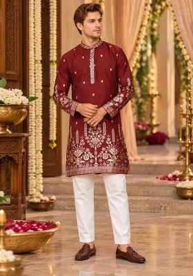 Maroon Woven Cotton Kurta For Men