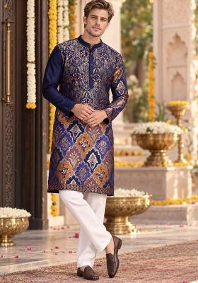 Blue Woven Silk Kurta For Men