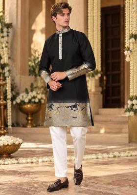 Black Woven Silk Kurta For Men