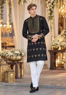 Black Woven Silk Kurta For Men