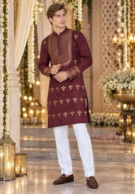 Brown Woven Silk Kurta For Men