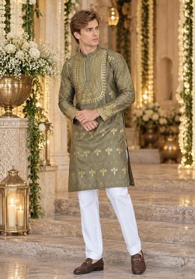 Grey Woven Silk Kurta For Men
