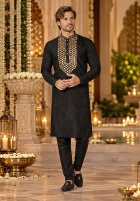 Black Embroidery Silk Kurta For Men