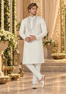 White Embroidery Silk Kurta For Men