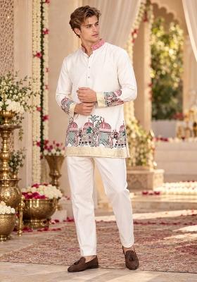 White Woven Silk Kurta For Men