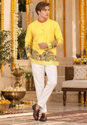 Yellow Woven Silk Kurta For Men