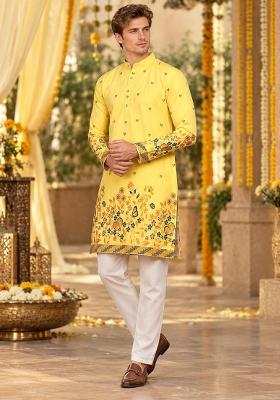 Yellow Woven Silk Kurta For Men
