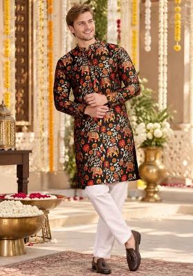 Black Woven Silk Kurta For Men