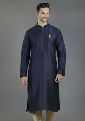 Navy Blue Embroidery Silk Kurta For Men
