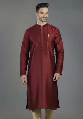 Maroon Embroidery Silk Kurta For Men