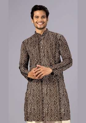 Brown Bandhani Cotton Kurta For Men