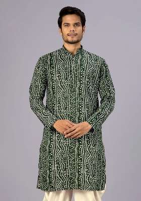 Green Bandhani Cotton Kurta For Men