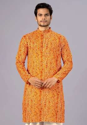 Mustard Bandhani Cotton Kurta For Men