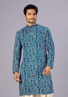 Petrol Blue Bandhani Cotton Kurta For Men