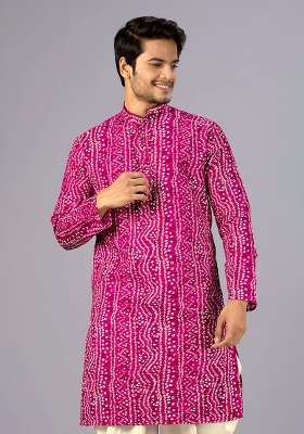 Pink Bandhani Cotton Kurta For Men