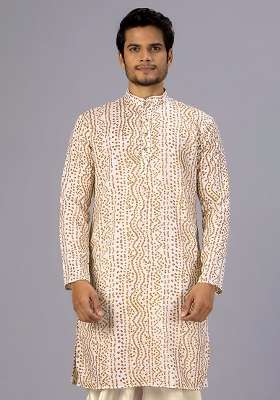 White Bandhani Cotton Kurta For Men