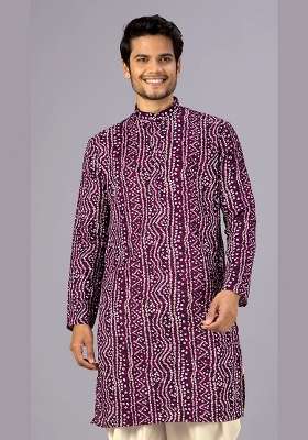Wine Bandhani Cotton Kurta For Men