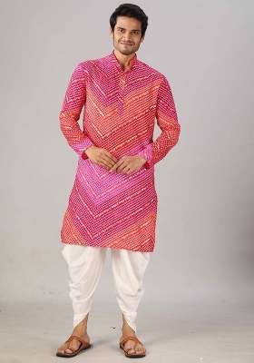 Pink And Red Bandhani Cotton Kurta For Men