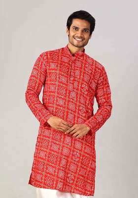 Red Bandhani Cotton Kurta For Men