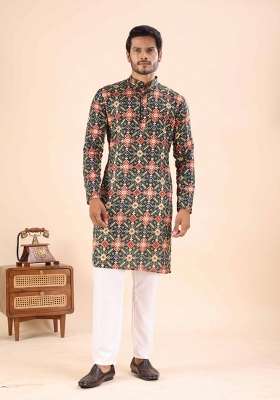 Green Printed Cotton Kurta For Men