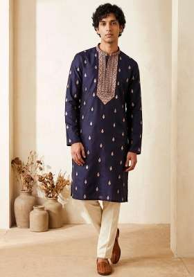 Navy Blue Embroidery Silk Kurta Set For Men