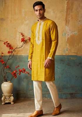 Yellow Embroidery Silk Kurta Set For Men