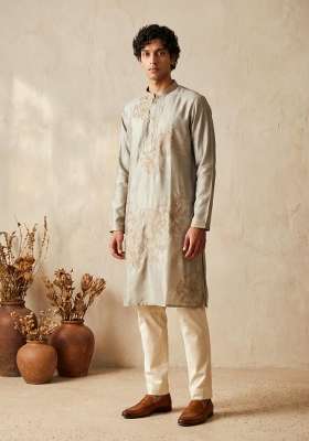 Grey Embroidery Silk Kurta Set For Men