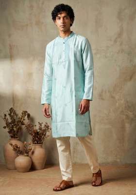 Sky Blue Embroidery Silk Kurta Set For Men