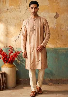 Peach Embroidery Silk Kurta Set For Men