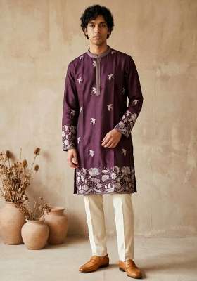 Purple Embroidery Silk Kurta Set For Men