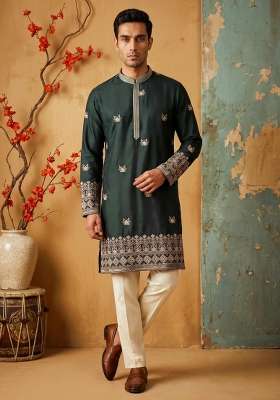 Green Embroidery Silk Kurta Set For Men