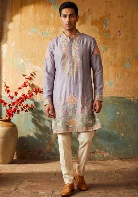 Light Purple Embroidery Silk Kurta Set For Men