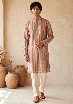 Multicolor Embroidery Silk Kurta Set For Men