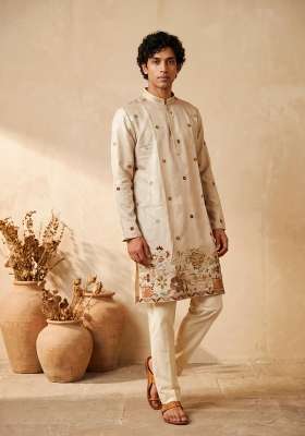 Cream Embroidery Silk Kurta Set For Men