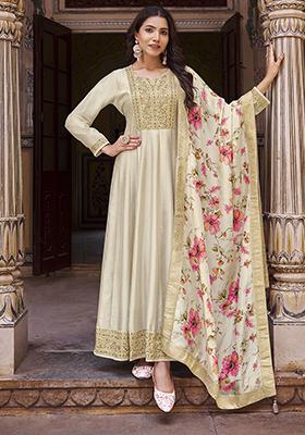Women Cream Vichitra Silk  Embroidery Work Kurta Set With Dupatta main image 0