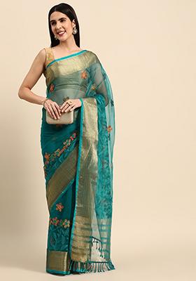 Women's Organza Turquoise Woven Design Designer Saree With Blouse Piece