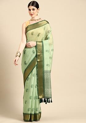 India Green Chic KotaDoria Dye Block Printed Cotton Saree With Blouse