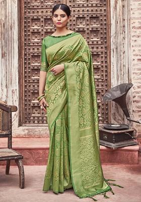 Buy Women Olive Green Woven Banarasi Art Silk Saree Set - XSR04922