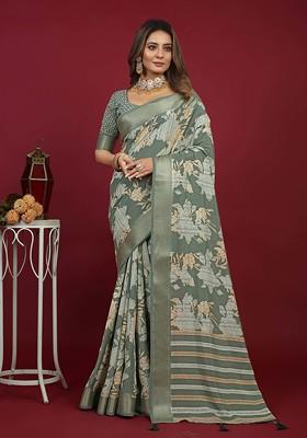 Generic Women's Cotton Silk Floral Print Saree With Unstitched Blouse 5.5Mtr (Green)