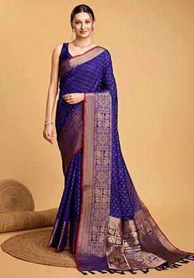 Blue Zari Woven Silk Saree Set — House of Indya