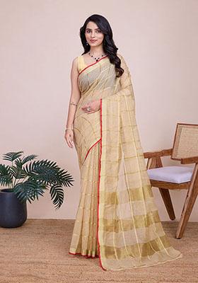 Cream Zari Woven Kota Doria Silk Saree Set — House of Indya