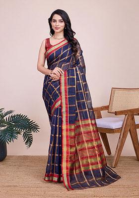 Blue Zari Woven Kota Doria Silk Saree Set — House of Indya
