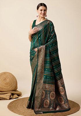 Green Zari Woven Silk Saree Set — House of Indya